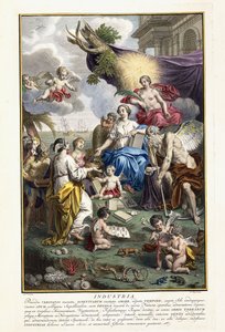 Industri, Frontispice fra "Den mest nøjagtige beskrivelse af naturskattene", 1734-1765 af Louis Fabricius Dubourg