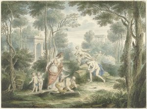 Arkadisk landskab med Athena, der kroner en gammel mand og Venus og Adonis af Louis Fabritius Dubourg