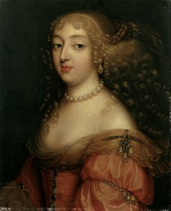 Portræt af en dame, der siges at være Laura Mancini, Duchesse de Mercoeur, brystlængde, i en rød kjole, med perlehalskæde og øreringe