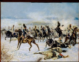 Slaget ved Eylau, 20. februar 1807. (Slaget ved Preussisch Eylau den 8. februar 1807). Militær konfrontation mellem den franske Grande Armee af Napoleon I (1769-1821) og det russiske imperium. Værk af Louis Ferdinand Malespina (1874-1940), olie på ca af Louis Ferdinand Malespina