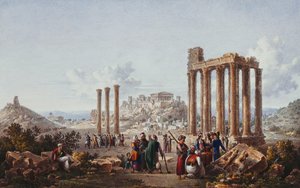 En udsigt over Akropolis, Athen, fra Zeus-templet i Olympia, ca. 1786-87 af Louis Francois Cassas