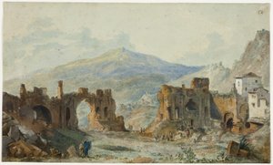 Det antikke teater i Taormina med udsigt over Etna, studie til Saint Non