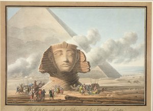 Udsigt over sfinxens hoved og Khafre-pyramiden, ca. 1790 (blødbundet radering med wc på papir)