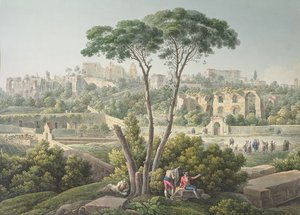 Udsigt over Palatinerhøjen i Rom med ruinerne af Cæsarpaladset i baggrunden, ca. 1800