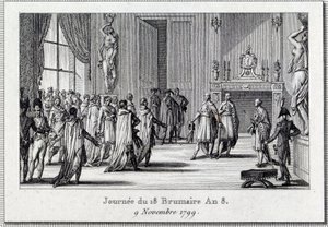 Konsulat: "" Napoleon Bonaparte (1769-1821) ved Saint Clouds møde den 18. brumaire (9/11/1799)" Statskuppet for de 18 brumaire af Napoleon Bonaparte ved Rådet for Fem Cents (Fem Cents) ) (værelse på 500), beskyttet af grenaderer, afslutter D af Louis Francois Couche