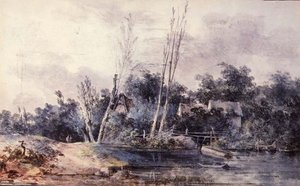 Sommerhuse og pil ved et vandløb med figurer af Louis Gabriel Moreau