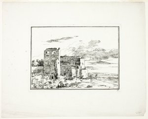 Ruinerede bygninger nær en flodbred, plade 9 fra Quatrieme suite de paysages dessinés et grave a l