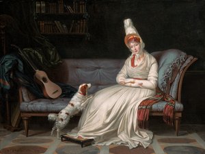 Portræt af Elizabeth, Lady Webster, senere Lady Holland, i en hvid kjole med sin spaniel Pierrot, ca. 1795