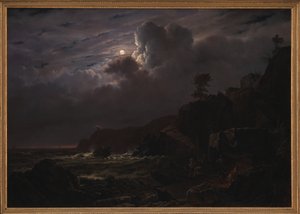 Udsigt over Kullen i Sverige. Smuglere gemmer deres varer blandt klipperne. Måneskin af Louis Gurlitt