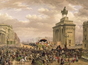 Begravelse af hertugen af Wellington, begravelsesvognen, der passerer buegangen ved Apsley House, 18. november 1852, indgraveret af Thomas Picken (fl. 1838-1870), pub. af Ackermann og Day, 1853