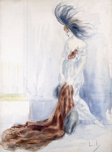 Elegant dame med plymerhat og pelsfrakke af Louis Icart