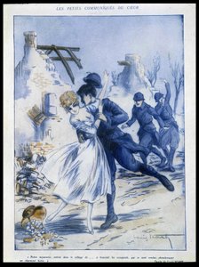 Soldater på vej ind i byen, en kysser en kvinde, "" charmerende bytte"", Illustration af Louis Icart (1888-1950) I "" Fantasio"" 15/12/1915 af Louis Icart