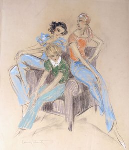 Tre piger siddende på en lænestol af Louis Icart