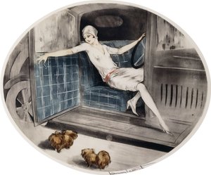 Kvinde i bil med to pekinesere af Louis Icart