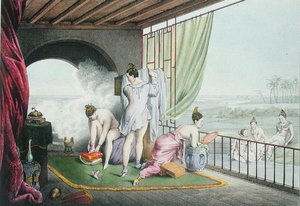 Badende ved deres toilet, udgivet 1824-27 (farve litho) af Louis Jacques Nicolas Schaal