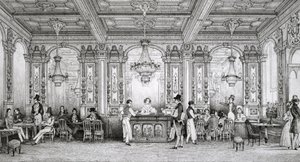 Cafe de la Banque de France bygget af arkitekten Dusillon og beliggende Place de Victoire - Gravering af Schaal - 1839 - af Louis Jacques Nicolas Schaal