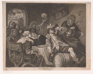 Festselskab med en drikkende mand med en krone La fete des rois (titel på objekt) Helligtrekongerfest af Louis Jaugey