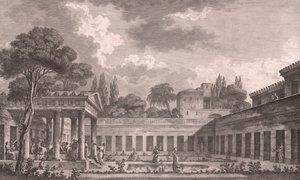 Ideel rekonstruktion af Villa of Diomedes i Pompeji til sin oprindelige tilstand før vulkanudbruddet af Vesuv i 79 e.Kr., Campania, Italien, radering efter tegning af Louis Jean Desprez (1743-1804), ca 21x34 cm af Louis Jean (after) Desprez