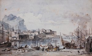 Udsigt over havnen i Palermo, 1777 af Louis Jean Desprez