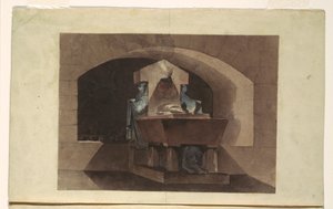 Tegning, Gravkapel i egyptisk stil med karyatider og en løve, ca. 1779-84 af Louis Jean Desprez