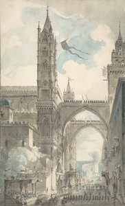 Udsigt over portalen og hovedindgangen til katedralen i Palermo under festivalen..., n.d. af Louis Jean Desprez
