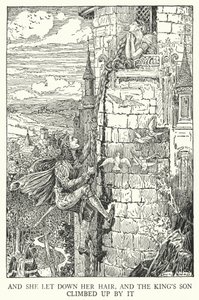 Og hun slap sit hår, og kongens søn klatrede op af det (litho) af Louis John Rhead
