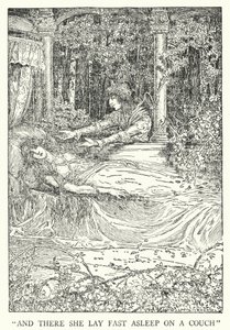 "Og der lå hun og sov på en sofa" (litho) af Louis John Rhead