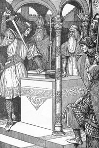 Arthur trak sværdet Excalibur frem fra en ambolt Illustration af Louis Rhead (1858-1926) fra "kong Arthur og hans riddere" 1923 Privat samling