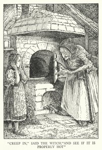 "Kryb ind," sagde heksen, "og se om det er ordentligt varmt" (litho) af Louis John Rhead