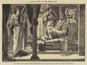 David spiller på harpe foran Saul af Louis John Rhead