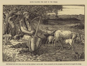 David spiller på harpe på markerne af Louis John Rhead