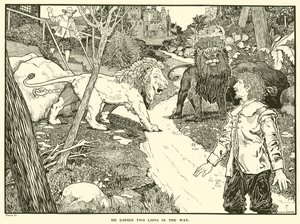 Han sprang to løver på vejen (gravering) af Louis John Rhead