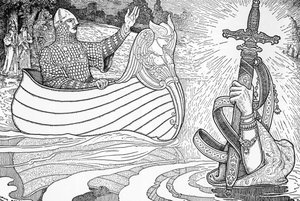 Repræsentation af Lady of the Lake (fee viviane), karakter af de Arthur-legender, der giver kong Arthur den anden Excalibur (Arthurisk legende: Lady of the Lake (Nimue, Viviane) giver kong Arthur sit sværd Excalibur) Illustration af Louis Rhead (1858) -1