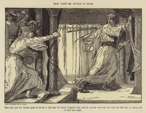 Saul kaster sit spyd mod David af Louis John Rhead