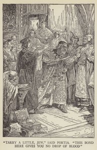 Bliv lidt, jøde, sagde Portia, dette bånd her giver dig ingen bloddråbe af Louis John Rhead