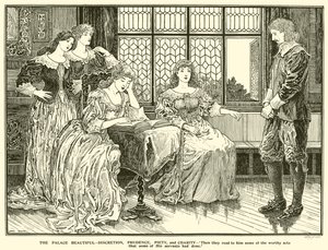 Paladset smukt, diskretion, forsigtighed, fromhed og næstekærlighed (gravering) af Louis John Rhead