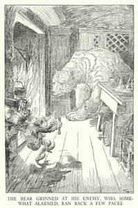 Bjørnen grinte til sin fjende, som lidt forskrækket løb et par skridt tilbage (litho) af Louis John Rhead