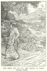Hundene spiser al baconet op, mens Hans går hjem (litho) af Louis John Rhead