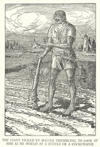 Kæmpen samlede Master Thumbling op for at se på ham, som han ville på en bille eller en cockchafer (litho) af Louis John Rhead