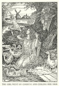 Pigen fortsatte med at rede og krølle sit hår (litho) af Louis John Rhead