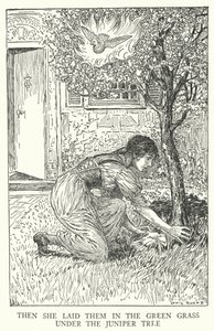 Hun lagde dem i det grønne græs under enebærtræet (litho) af Louis John Rhead
