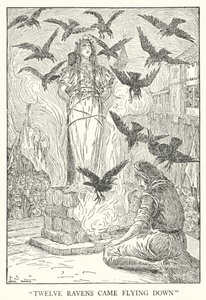 "Tolv ravne kom flyvende ned" (litho) af Louis John Rhead