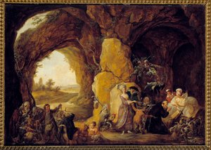 Sankt Anthonys fristelse Eremitten Sankt Antonius den Store (251-356) (eller Sankt Antonius Eremitten eller Sankt Antonius Abbe) udsættes for Djævelens fristelser i ørkenen. Maleri af Louis Joseph Watteau dit Watteau de Lille (1731-179