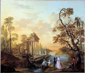 Hyldest til kærlighedsromantisk scene i et landskab af gamle ruiner i skumringen. Maleri af Louis Joseph Watteau dit Watteau de Lille (1731-1798)