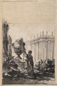 Arkitektonisk fantasi med vase, Herm og kolonnade af Louis Joseph Le Lorrain