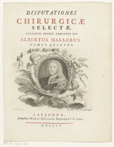 Portret af Albrecht von Haller Albert Haller (titel på objekt) Titelside for: Albrecht von Haller, Selected Surgical Discourses, 1755 af Louis Joubert