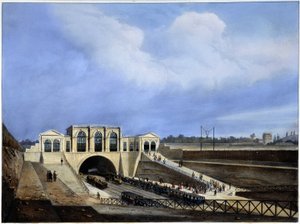 Jernbane fra Paris til Saint Germain - i "Paris i 1837" af Arnout af Louis Jules Arnout