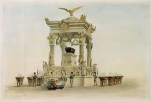 Napoleon I Bonapartes kiste (1769-1821) i Invalides kirken (Paris, Frankrig). (Napoleons kiste i kirken ved Les Invalides). Værk af Louis Jules Arnout (1814-1868), litografi og akvarel. 1800-tallets franske kunst, klassicisme.