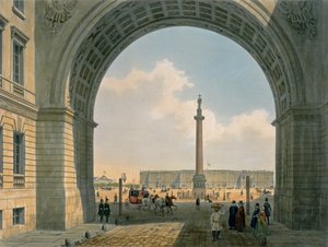 Slotspladsen, Udsigt fra Army-hovedkvarterets bue, St. Petersborg, trykt af Lemercier, Paris, 1840