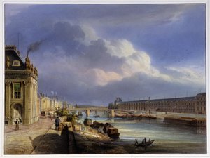 Pont du Carrousel og Louvres store galleri - i "Paris i 1837" af Arnout af Louis Jules Arnout